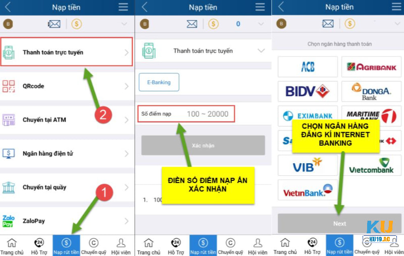 Nạp tiền tại KU19 bằng hình thức thanh toán trực tuyến